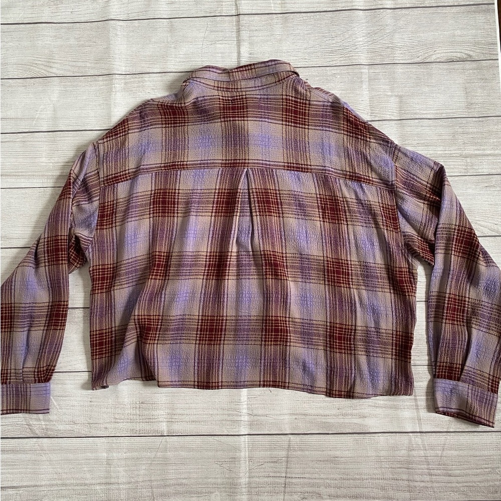 Forever 21 Brown and Purple Boxy Crop Button Down Shirt NWT - Picture 3 of 6